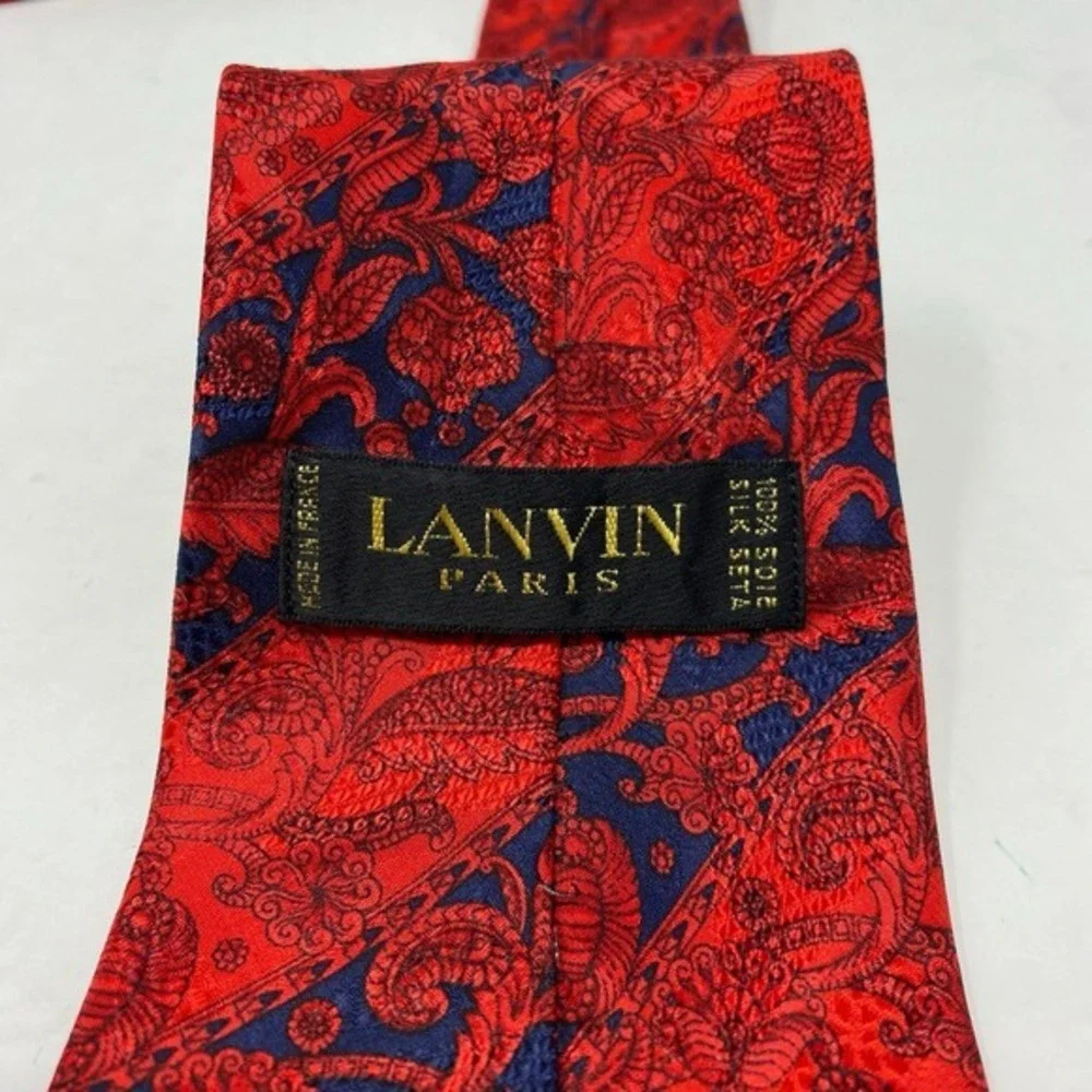 Lanvin Paris 100% Silk Tie Red Floral Paisley Pattern Made in France Old Money‎